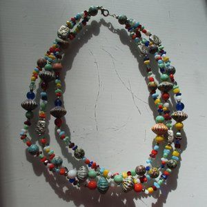 Triple Tiered Multi-Colored Beaded Necklace with Lobster Claw Clasp